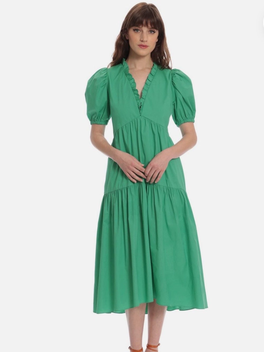 Donna Morgan Green cotton poplin ruffle v-neck tiered dress